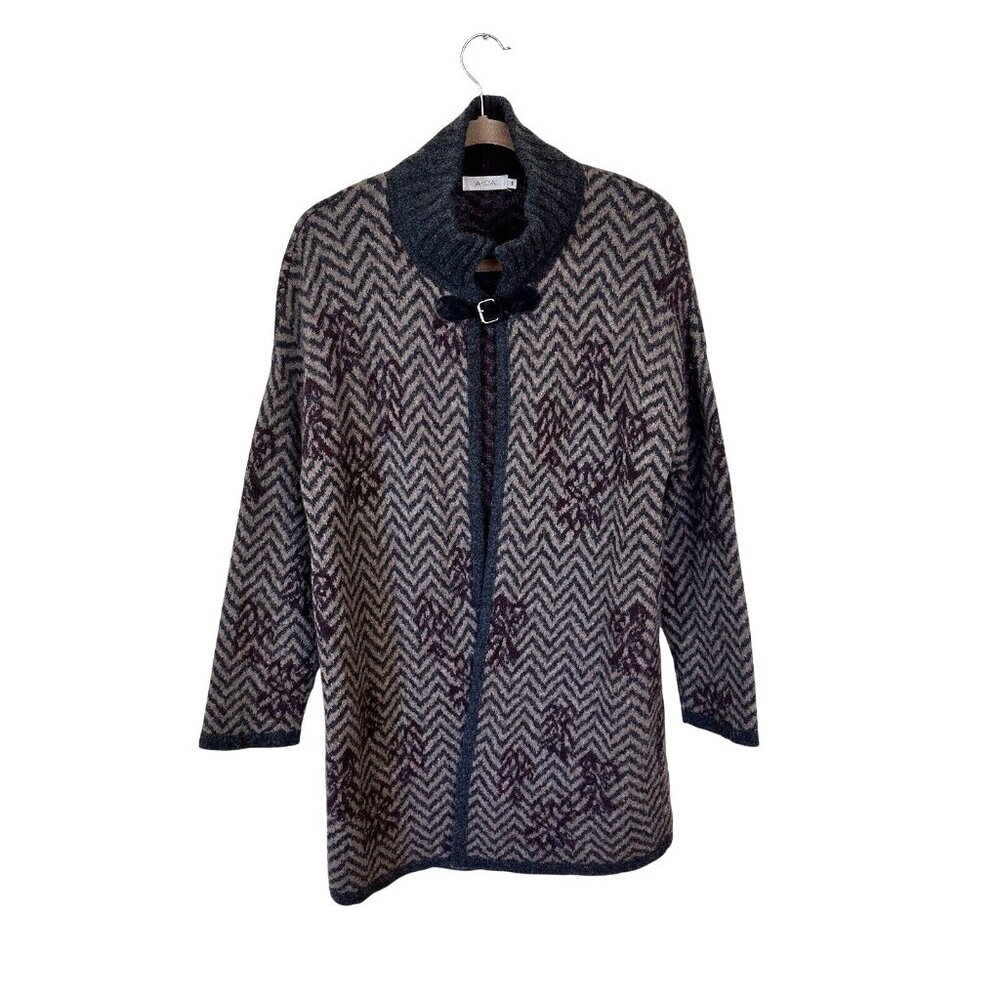 AIDA Womens Cardigan Duster Sweater Small Longline Wool Blend Geometric Warm Gre